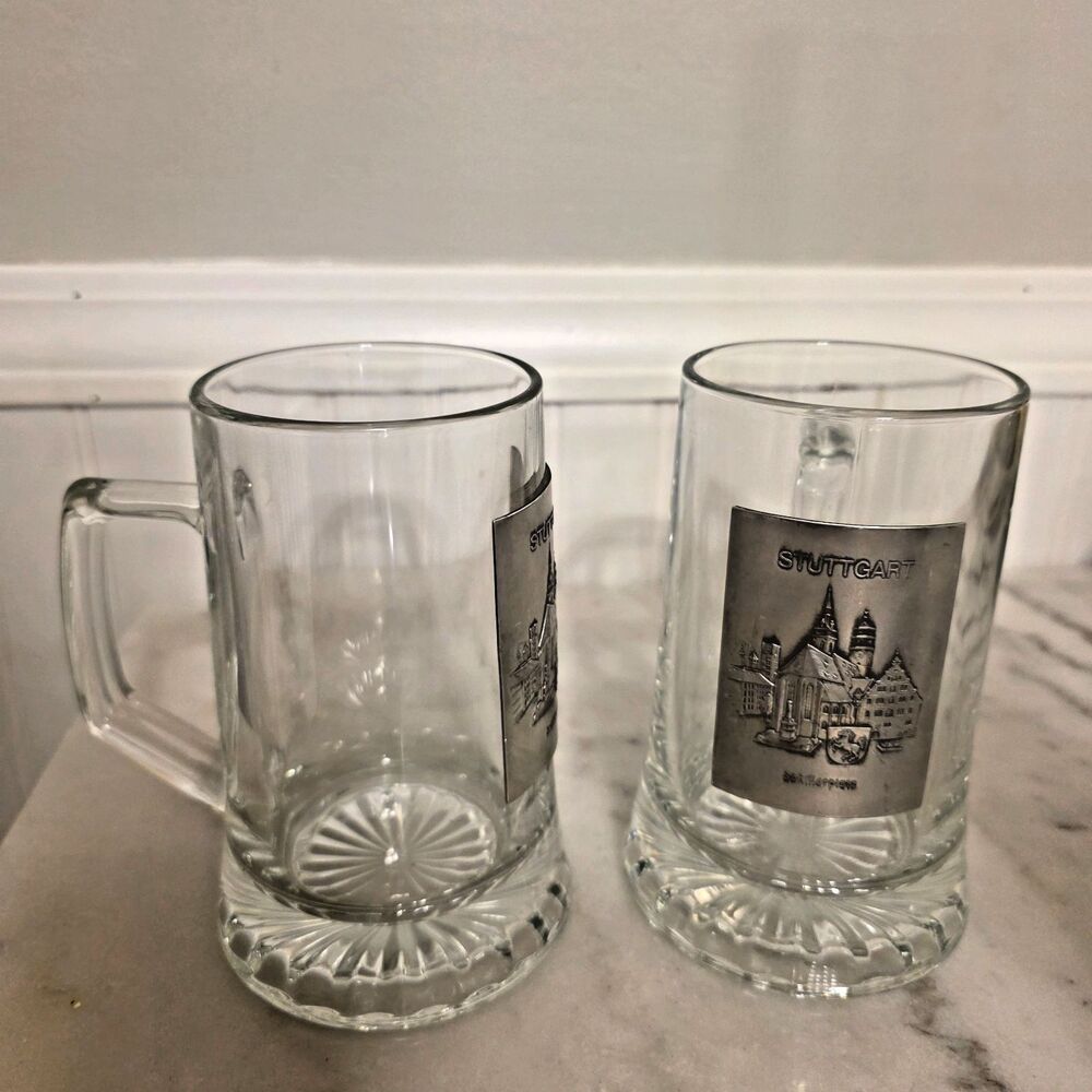 2 Stuttgart Schillerplatz Village Pewter Medallion Glass Beer Mug Germany